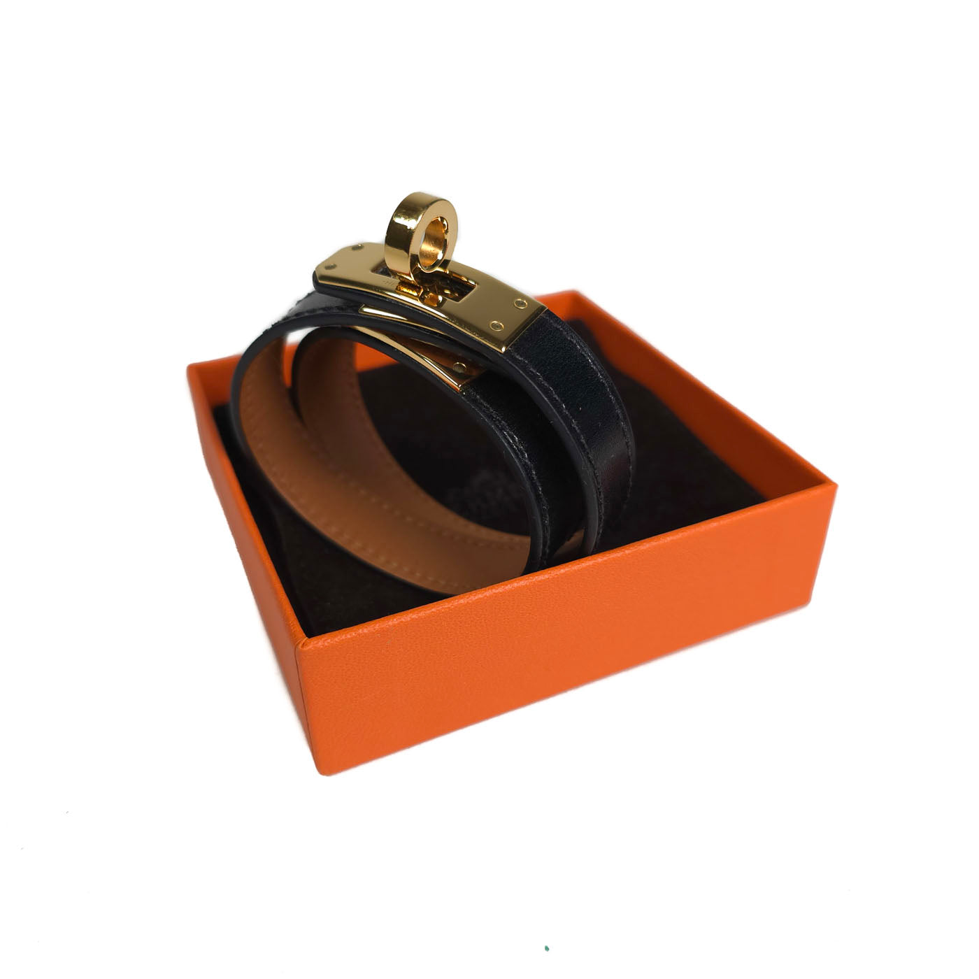 Hermès Mini Kelly Double Tour Bracelet in Black Leather with Gold-Tone Hardware Size S