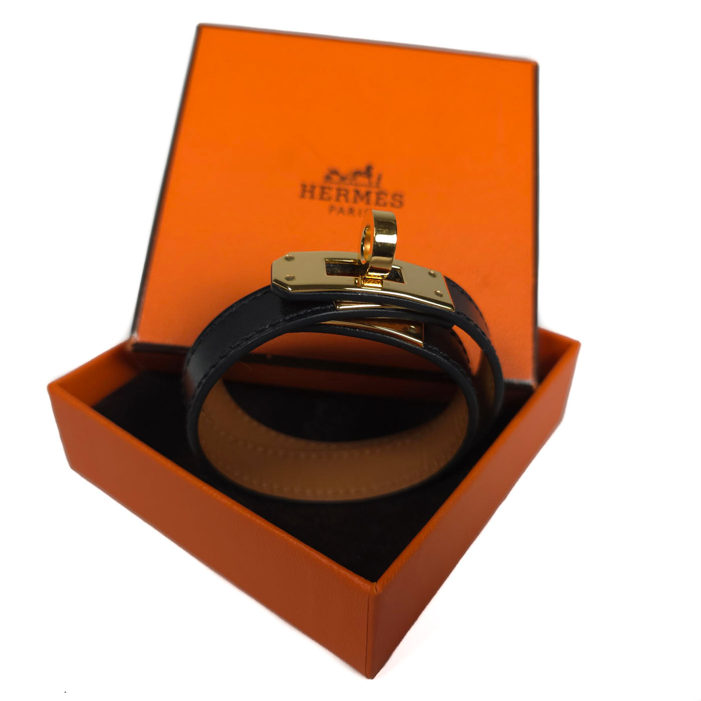 Hermès Mini Kelly Double Tour Bracelet in Black Leather with Gold-Tone Hardware Size S