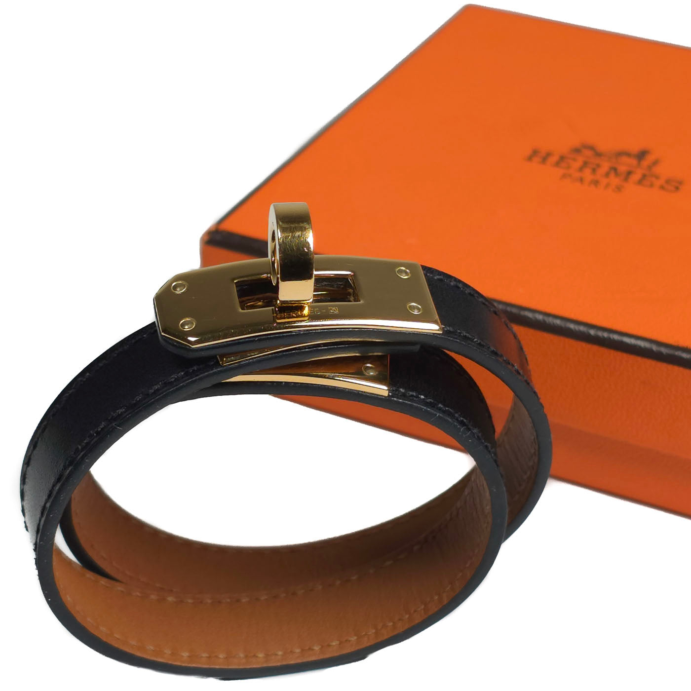Hermès Mini Kelly Double Tour Bracelet in Black Leather with Gold-Tone Hardware Size S