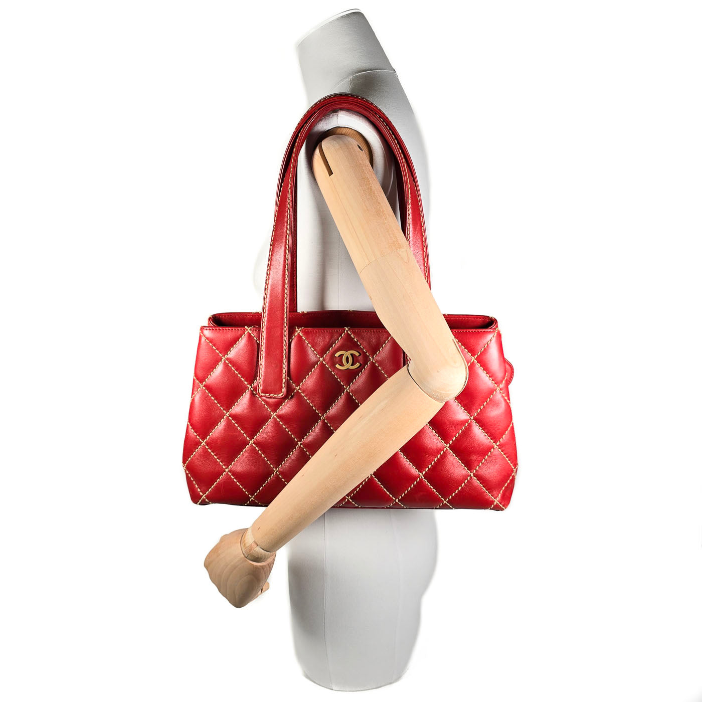 Vintage Chanel Wild Stitch Red Quilted CC Diagonal Tote Bag