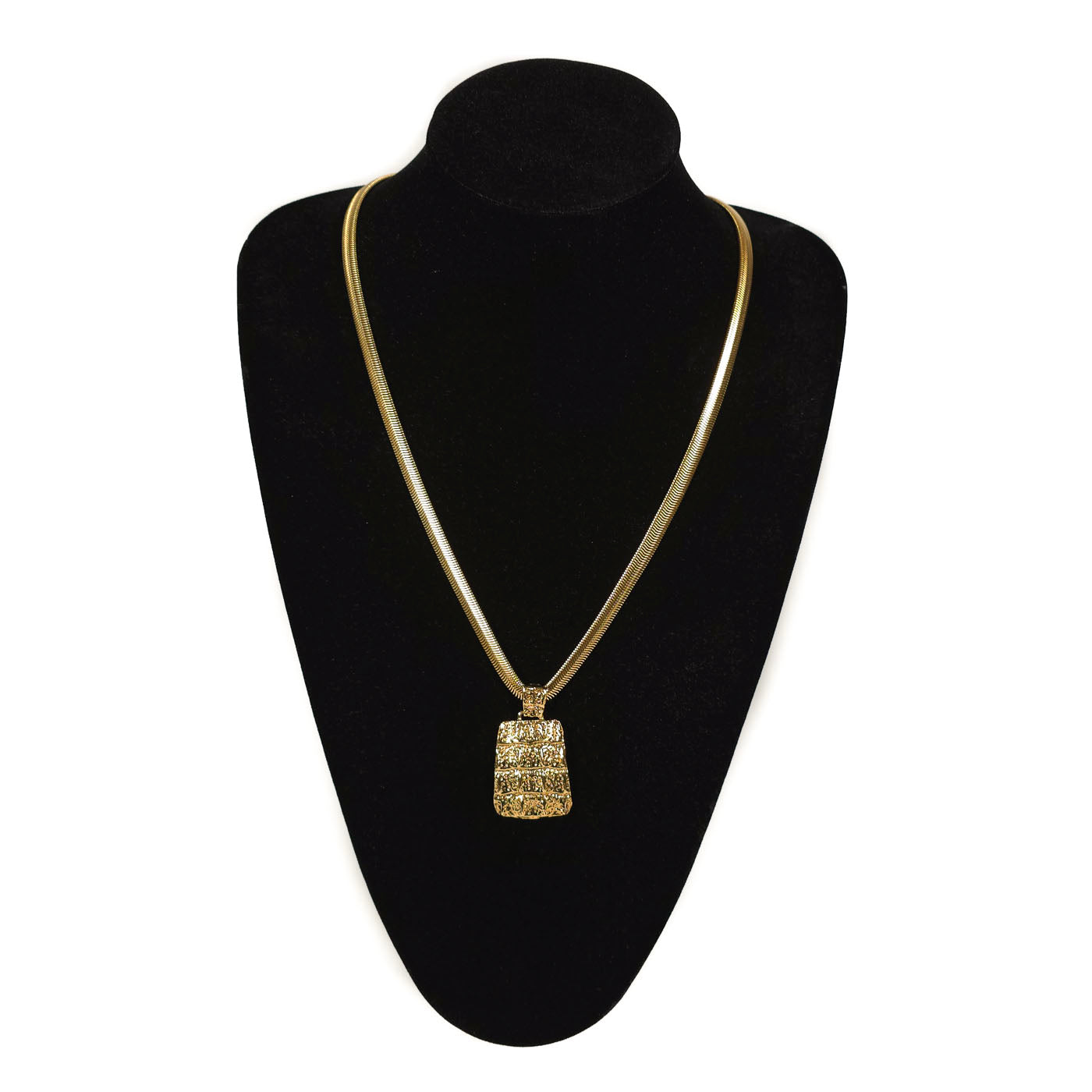 Vintage Yves Saint Laurent YSL Crocodile Pattern Pedant Necklace Gold Tone