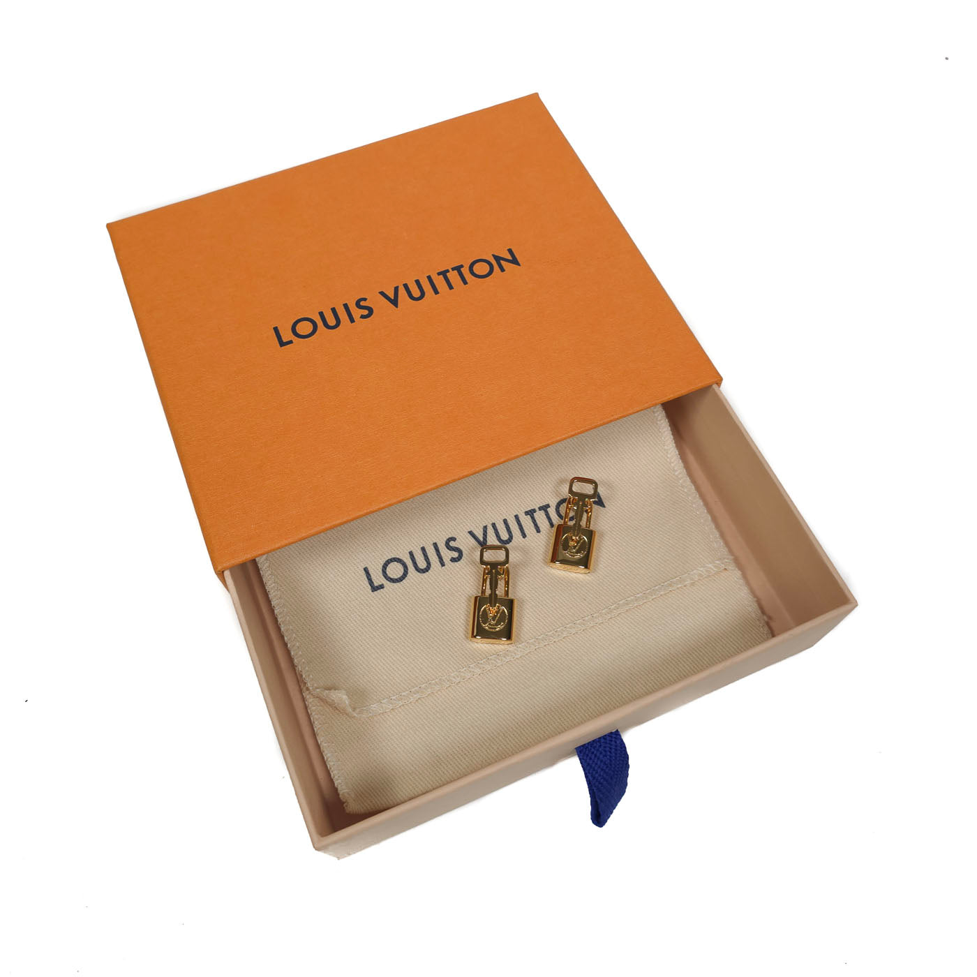 A pair of gold-tone Louis Vuitton 'Lock-it' lock and key earrings with the LV monogram. With Louis Vuitton packaging.