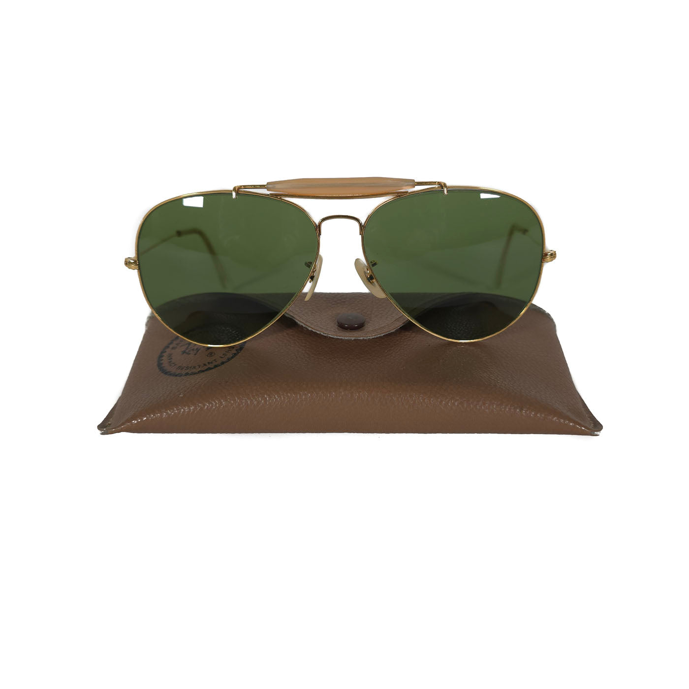 Vintage Ray-Ban Outdoorsman Bausch & Lomb Aviator Sunglasses with gold frame and green lenses, displayed with their case.