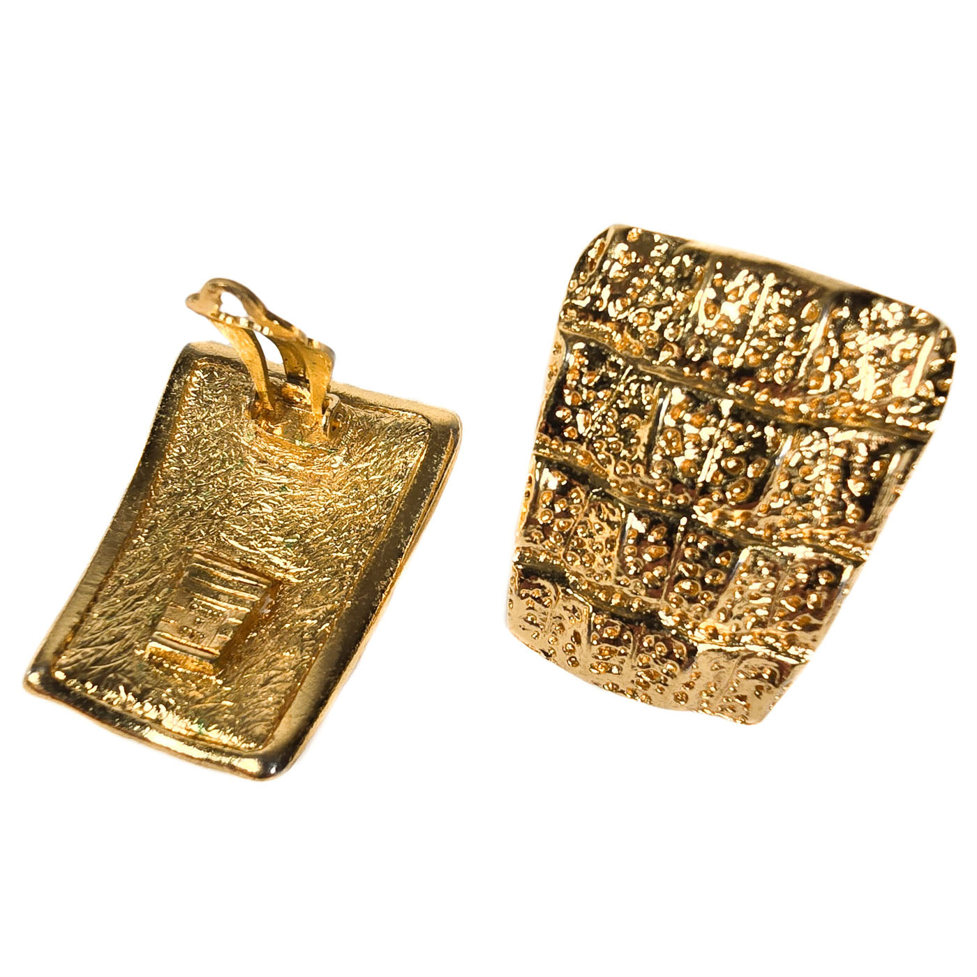 Vintage Yves Saint Laurent YSL Crocodile Pattern Clip On Earrings Gold Tone