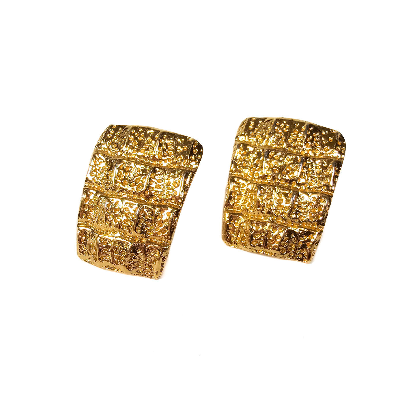 Vintage Yves Saint Laurent YSL Crocodile Pattern Clip On Earrings Gold Tone