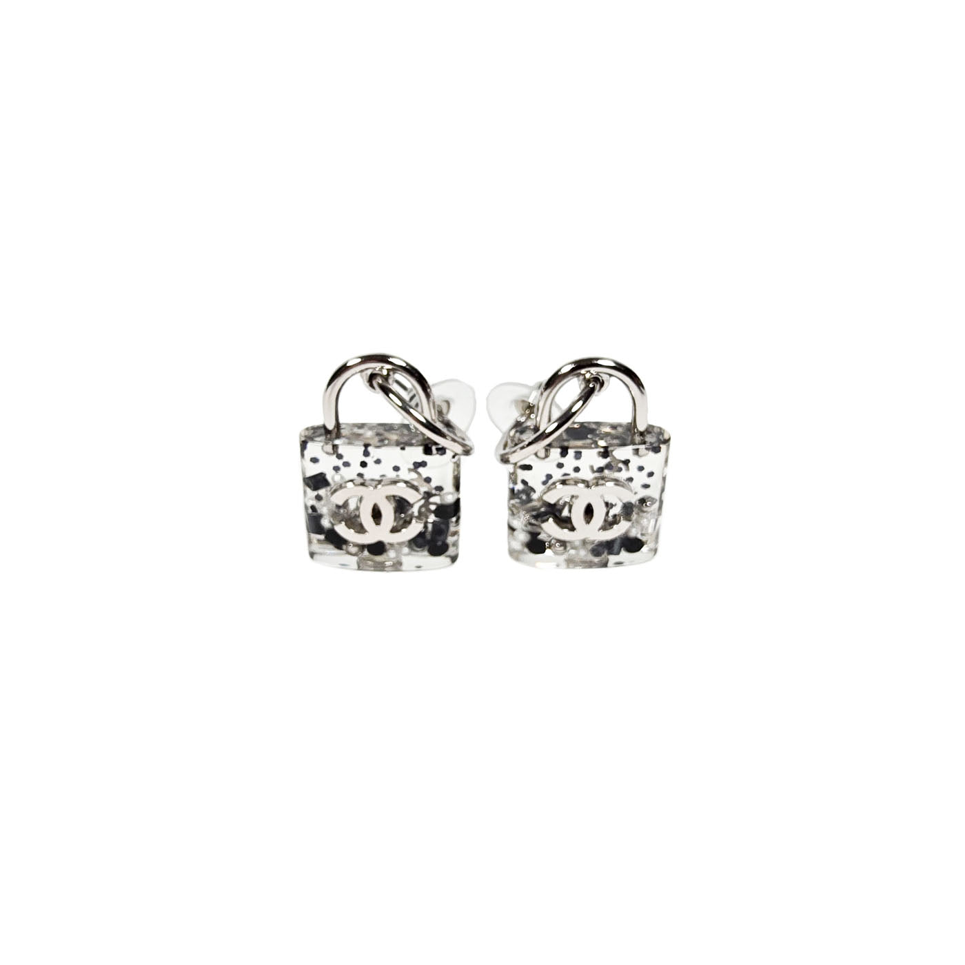 A pair of Chanel CC logo pad lock style earrings with translucent resin inclusion, featuring silver tone hardware.