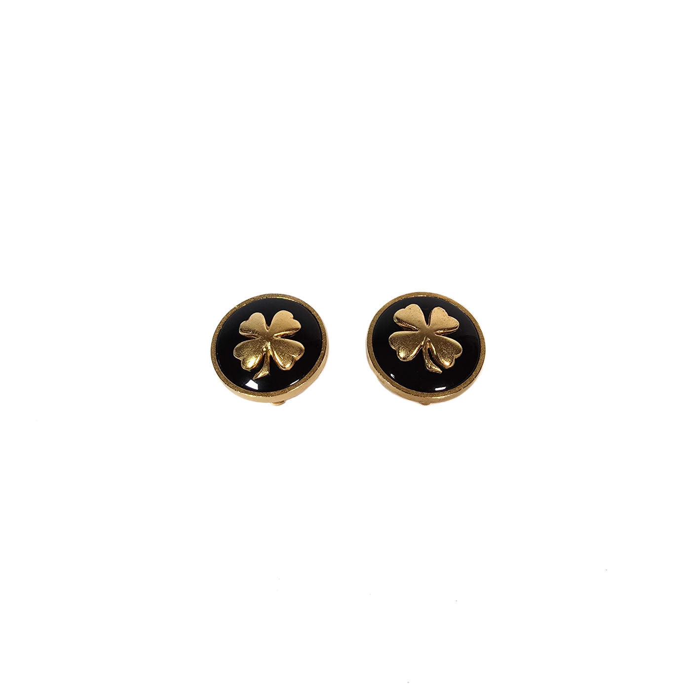 Vintage Chanel Clover Four Leaf Clip Earrings Black Enamel Gold Tone 93A