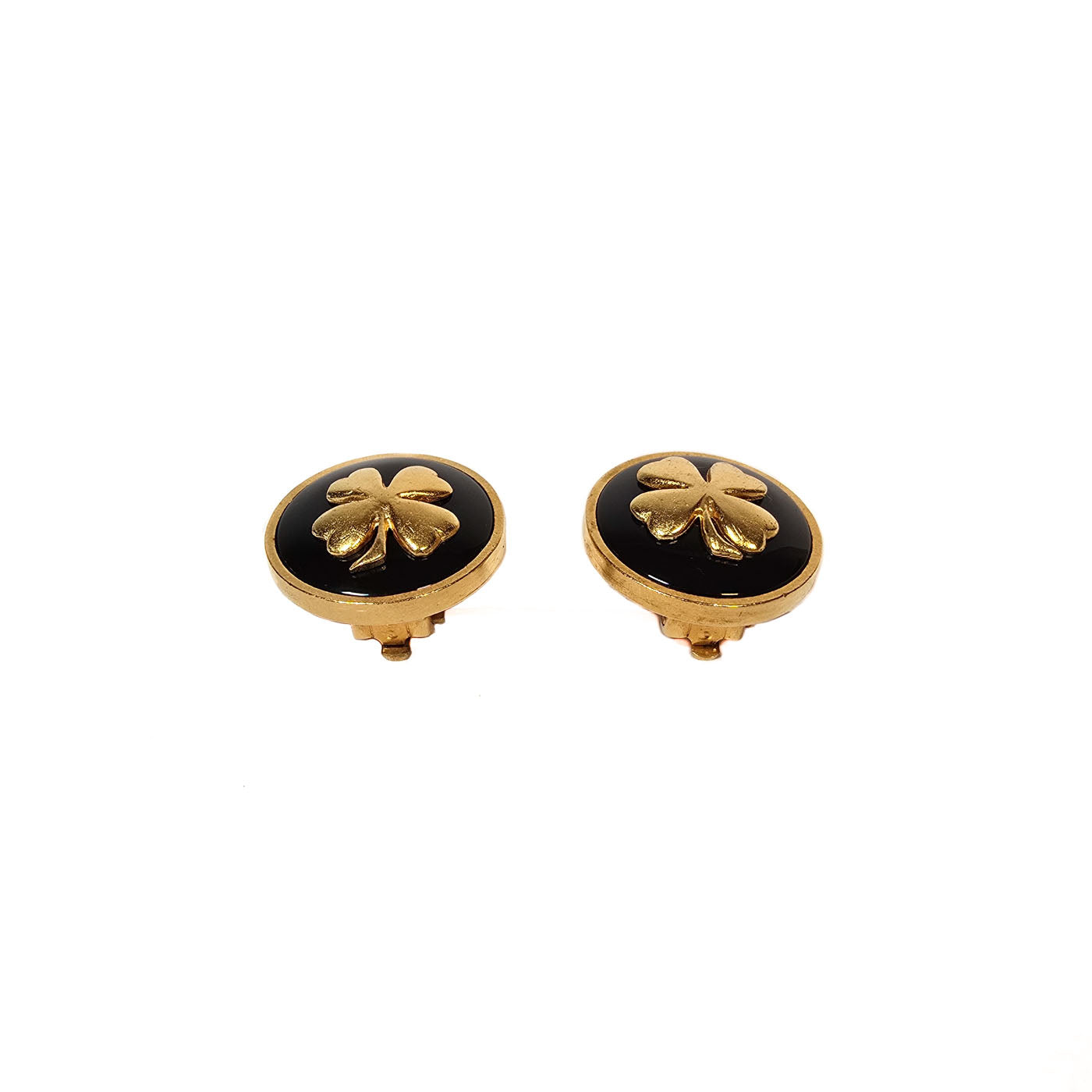 Vintage Chanel Clover Four Leaf Clip Earrings Black Enamel Gold Tone 93A