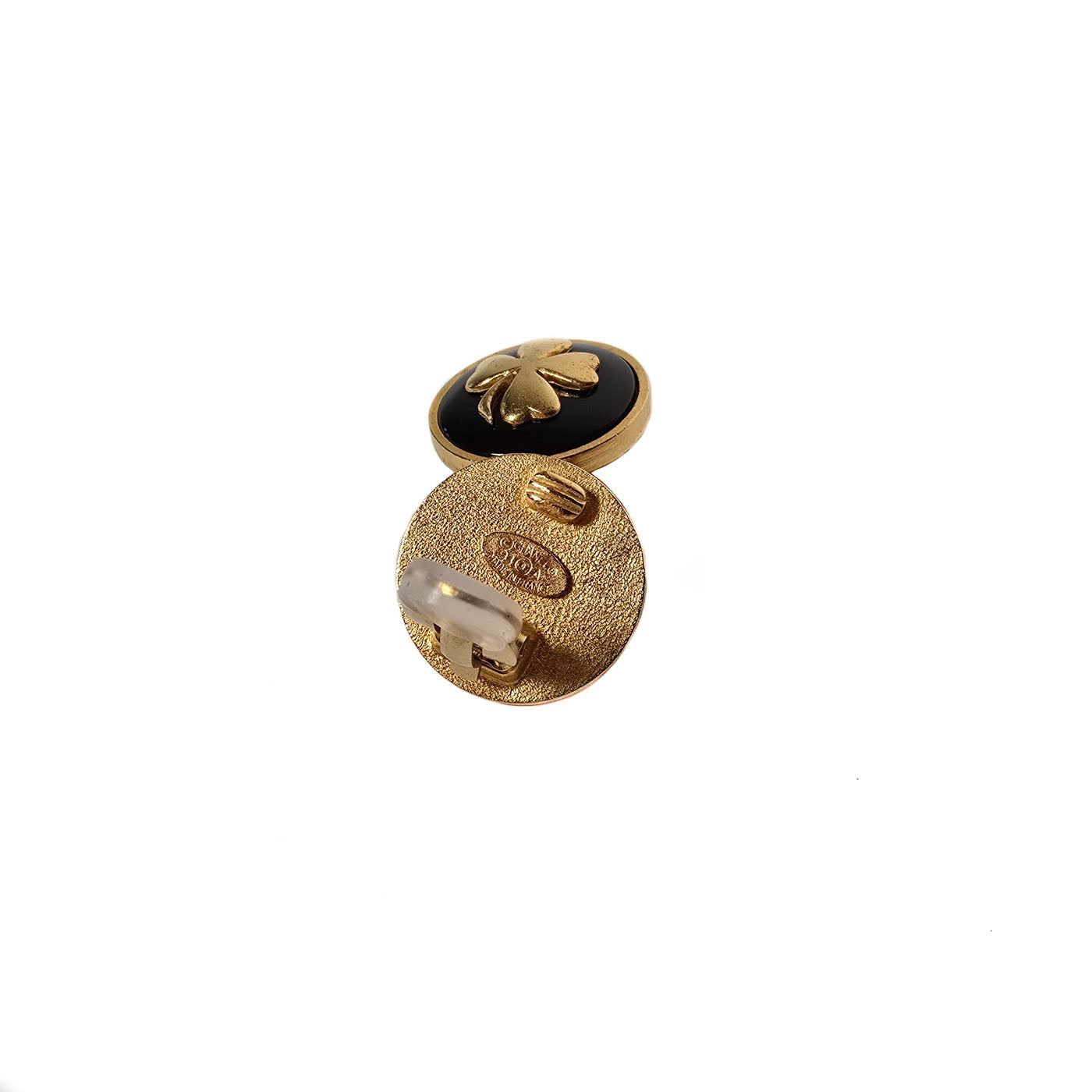 Vintage Chanel Clover Four Leaf Clip Earrings Black Enamel Gold Tone 93A