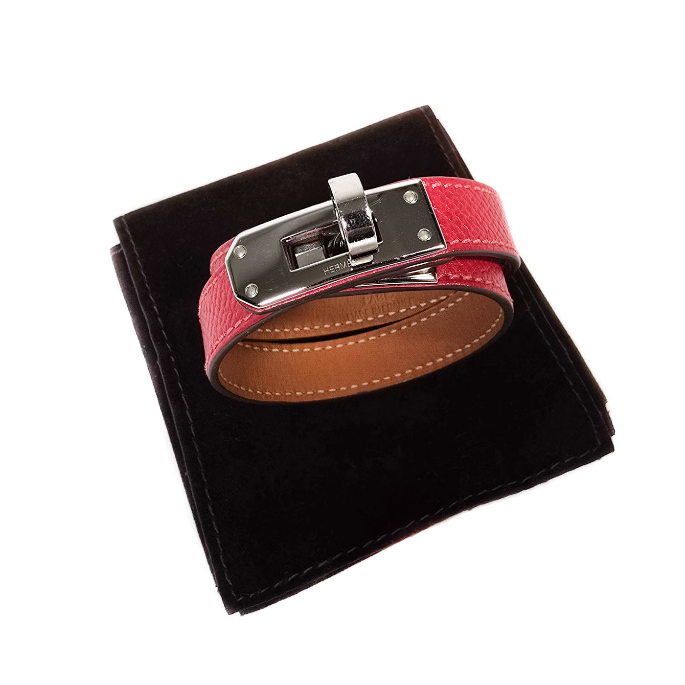 Vintage Hermès Mini Kelly Double Tour Bracelet in red leather with silver-tone hardware, with pouch.