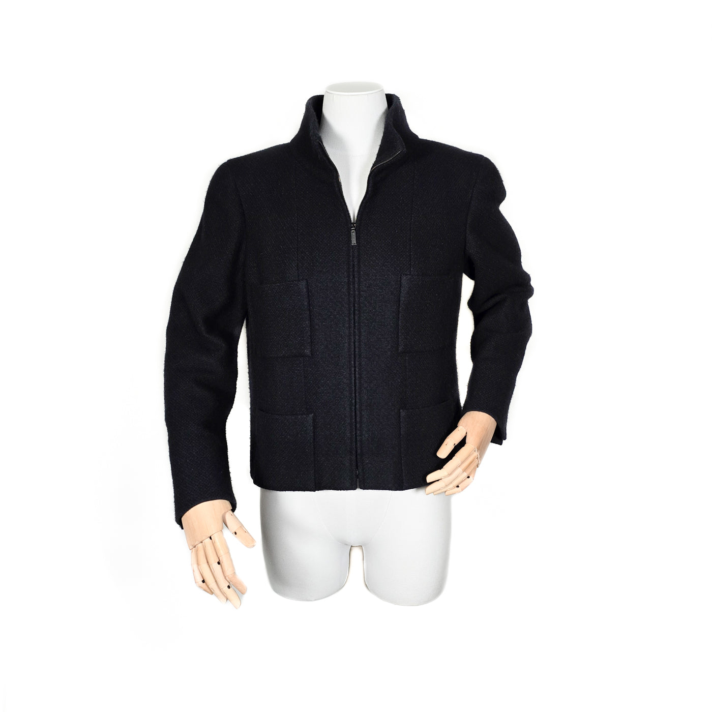 Vintage Chanel Cashmere Jacket in black and blue mixed cashmere blend with multiple front pockets, embossed zipper, and interlocking CC manchette detail.