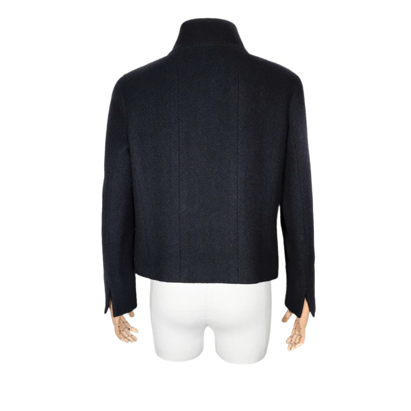 Vintage Chanel Cashmere Jacket in black and blue mixed cashmere blend with multiple front pockets, embossed zipper, and interlocking CC manchette detail.