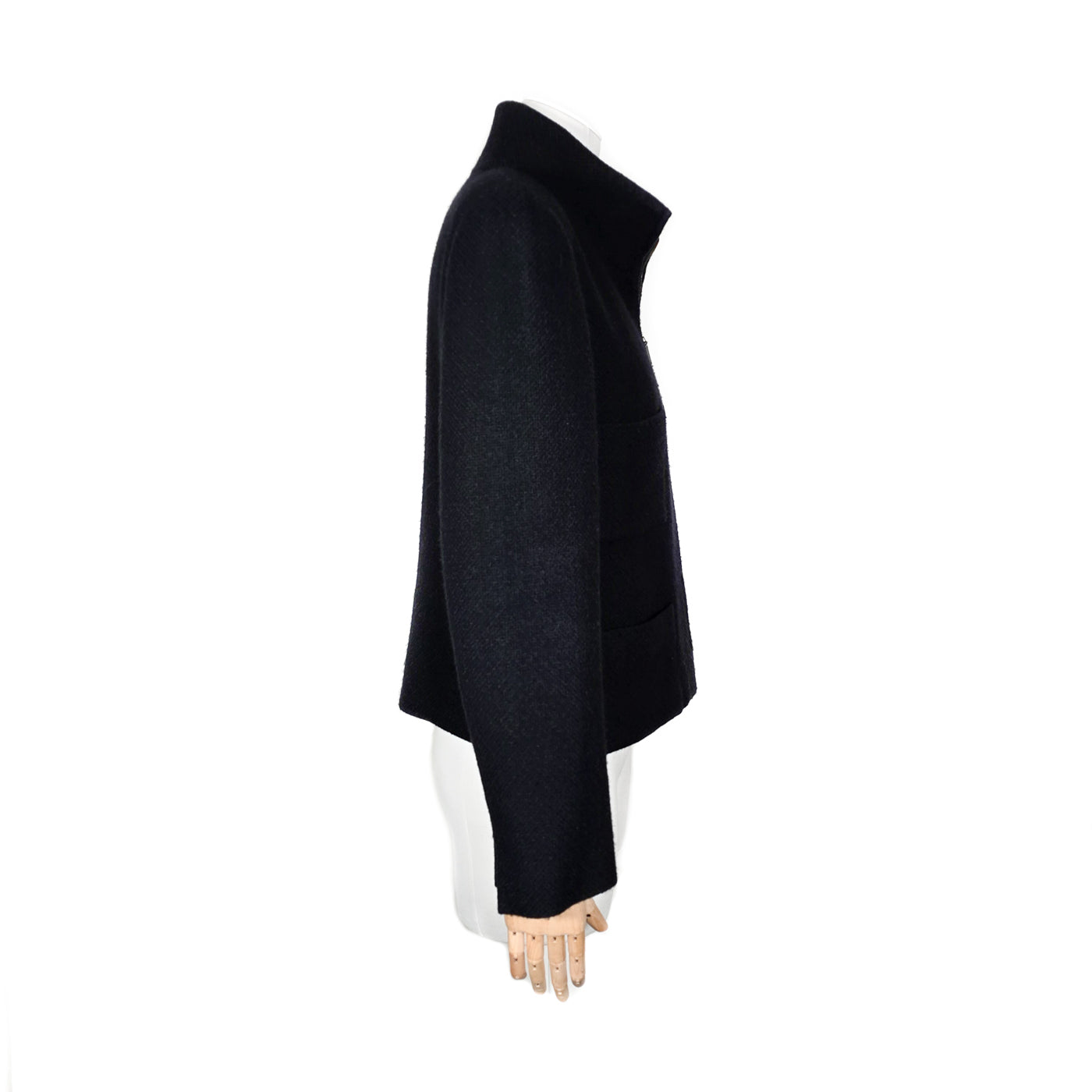 Vintage Chanel Cashmere Jacket in black and blue mixed cashmere blend with multiple front pockets, embossed zipper, and interlocking CC manchette detail.