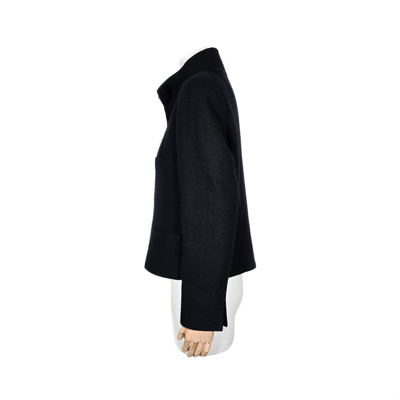 Vintage Chanel Cashmere Jacket in black and blue mixed cashmere blend with multiple front pockets, embossed zipper, and interlocking CC manchette detail.