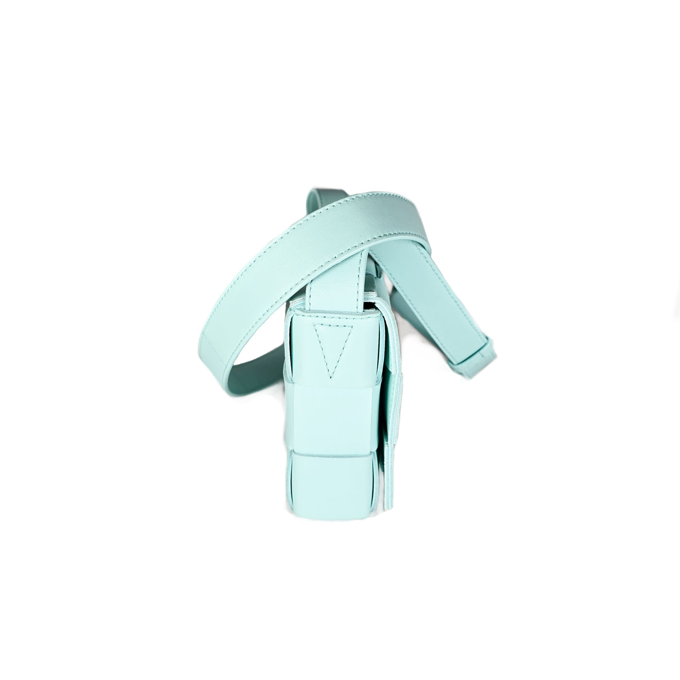 A Bottega Veneta lambskin leather crossbody bag in Tiffany blue with aged gold hardware accents, displayed against a white background.