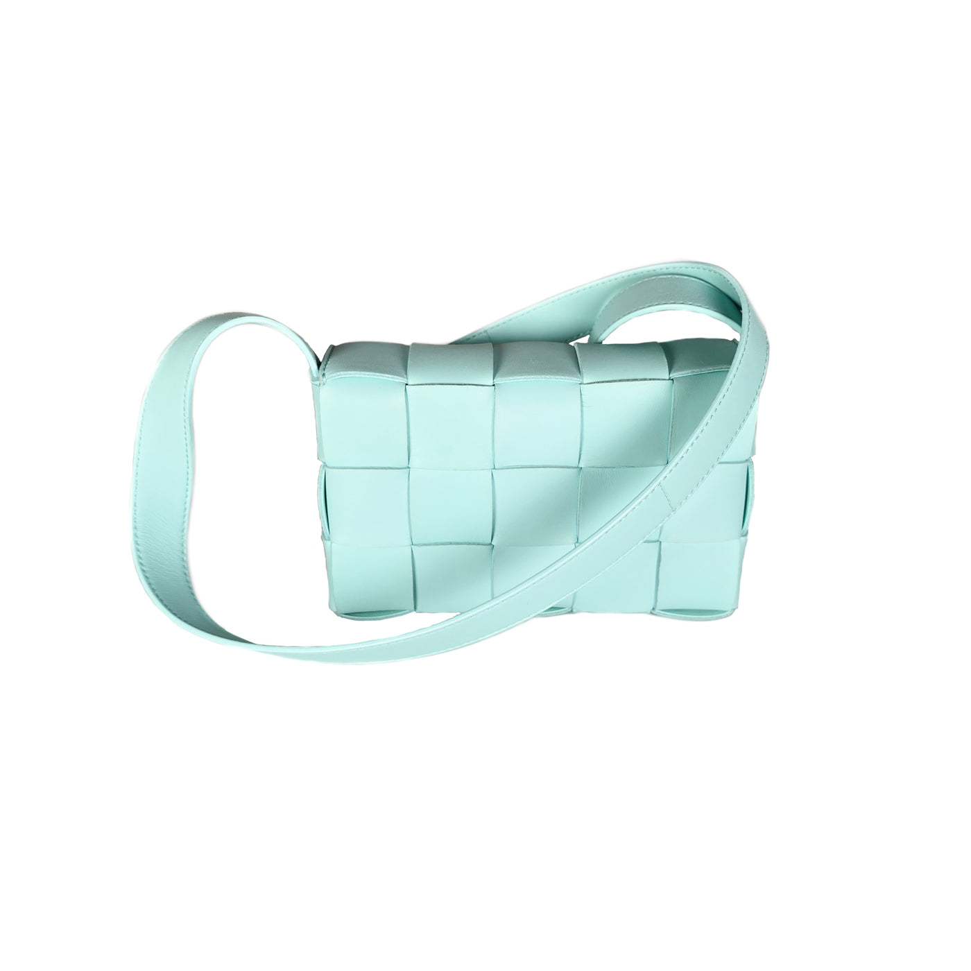 A Bottega Veneta lambskin leather crossbody bag in Tiffany blue with aged gold hardware accents, displayed against a white background.