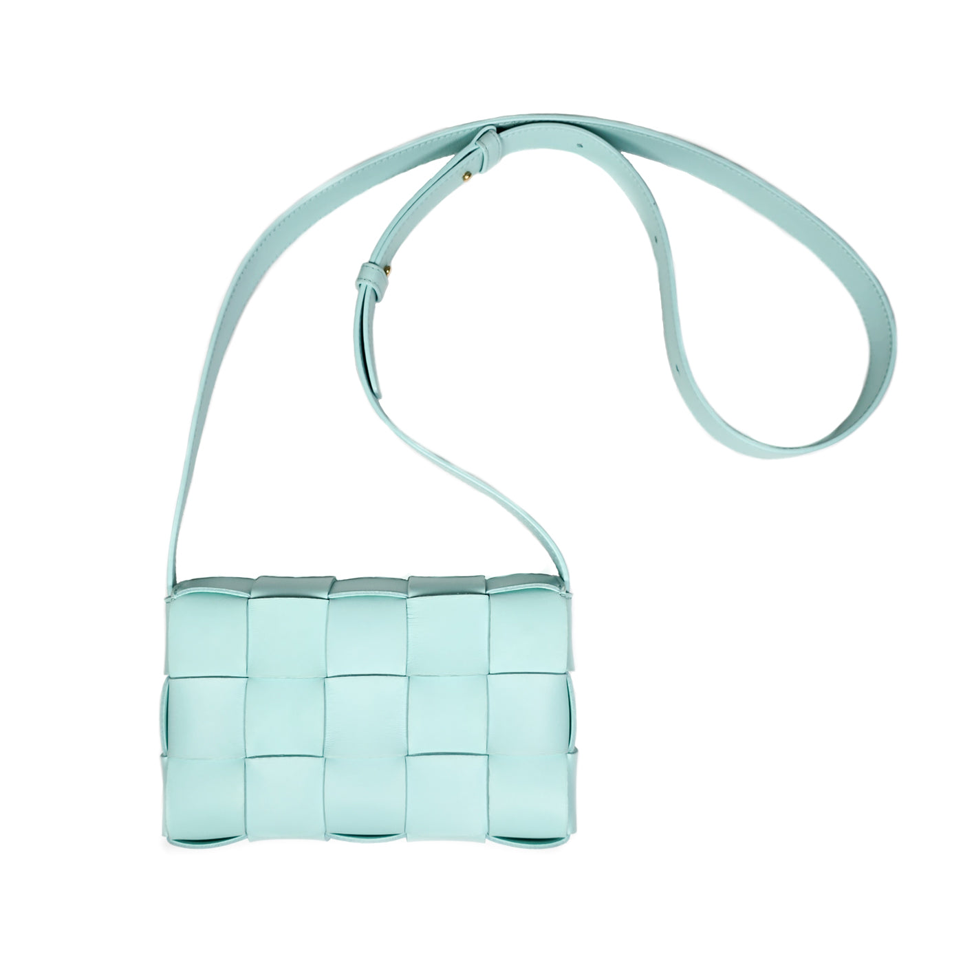 A Bottega Veneta lambskin leather crossbody bag in Tiffany blue with aged gold hardware accents, displayed against a white background.