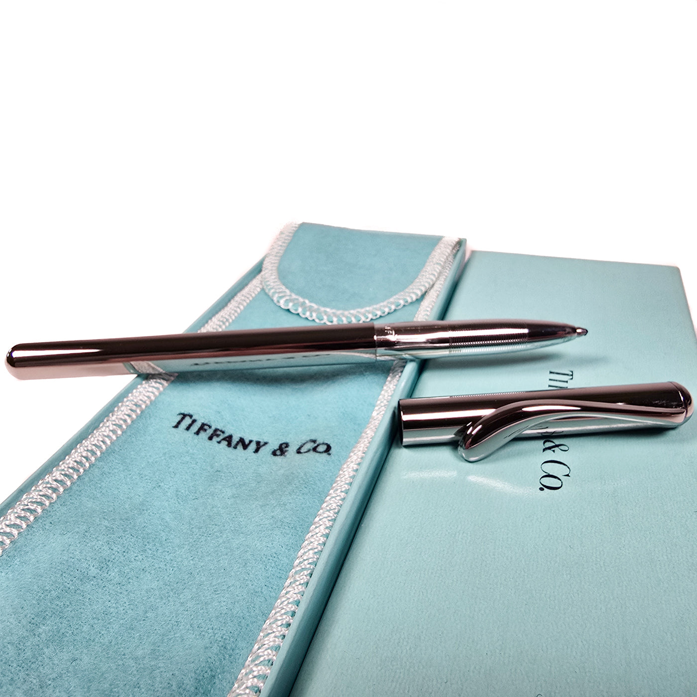 Tiffany & Co. Elsa Peretti Sterling Silver Ballpoint Pen in a Tiffany blue box.