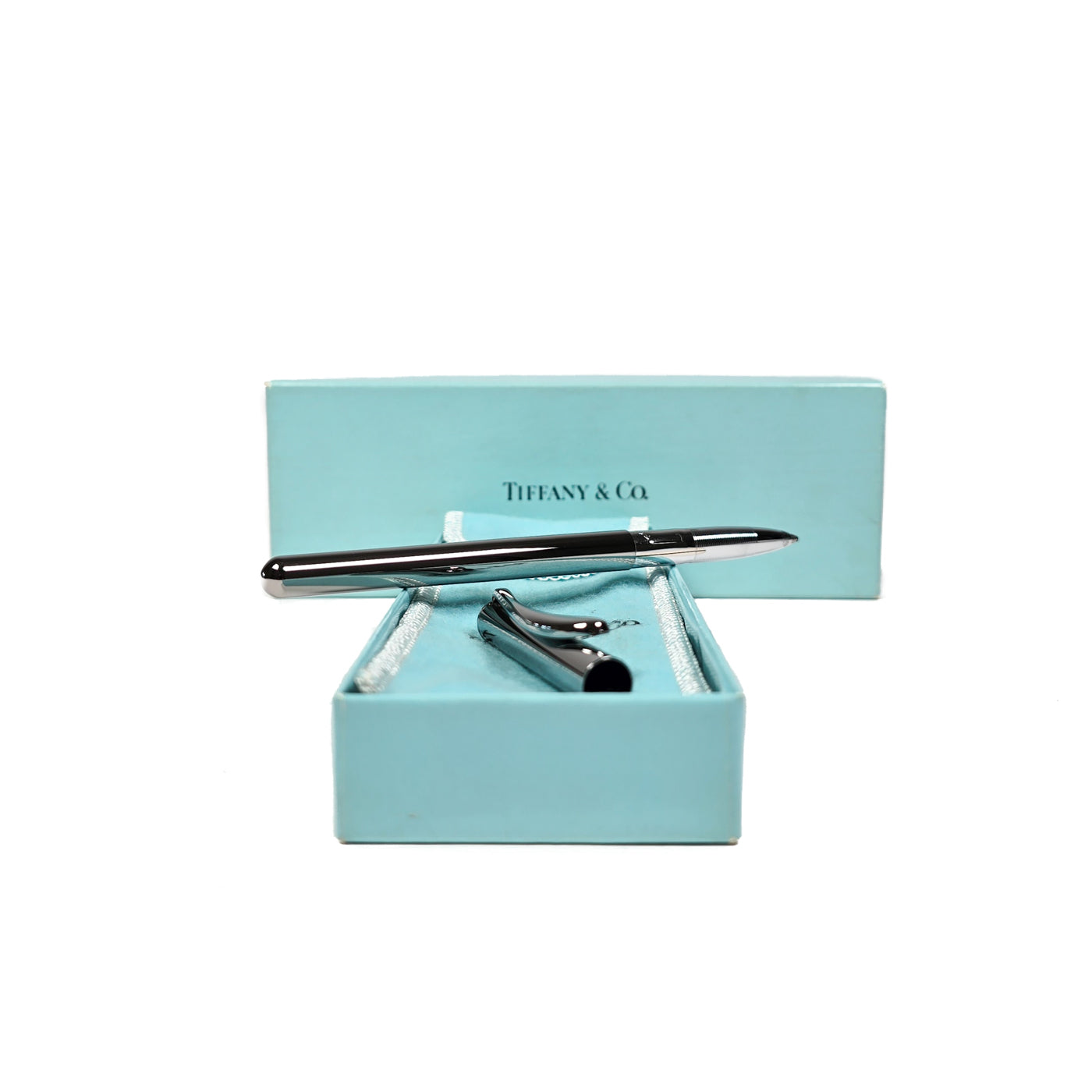 Tiffany & Co. Elsa Peretti Sterling Silver Ballpoint Pen in a Tiffany blue box.