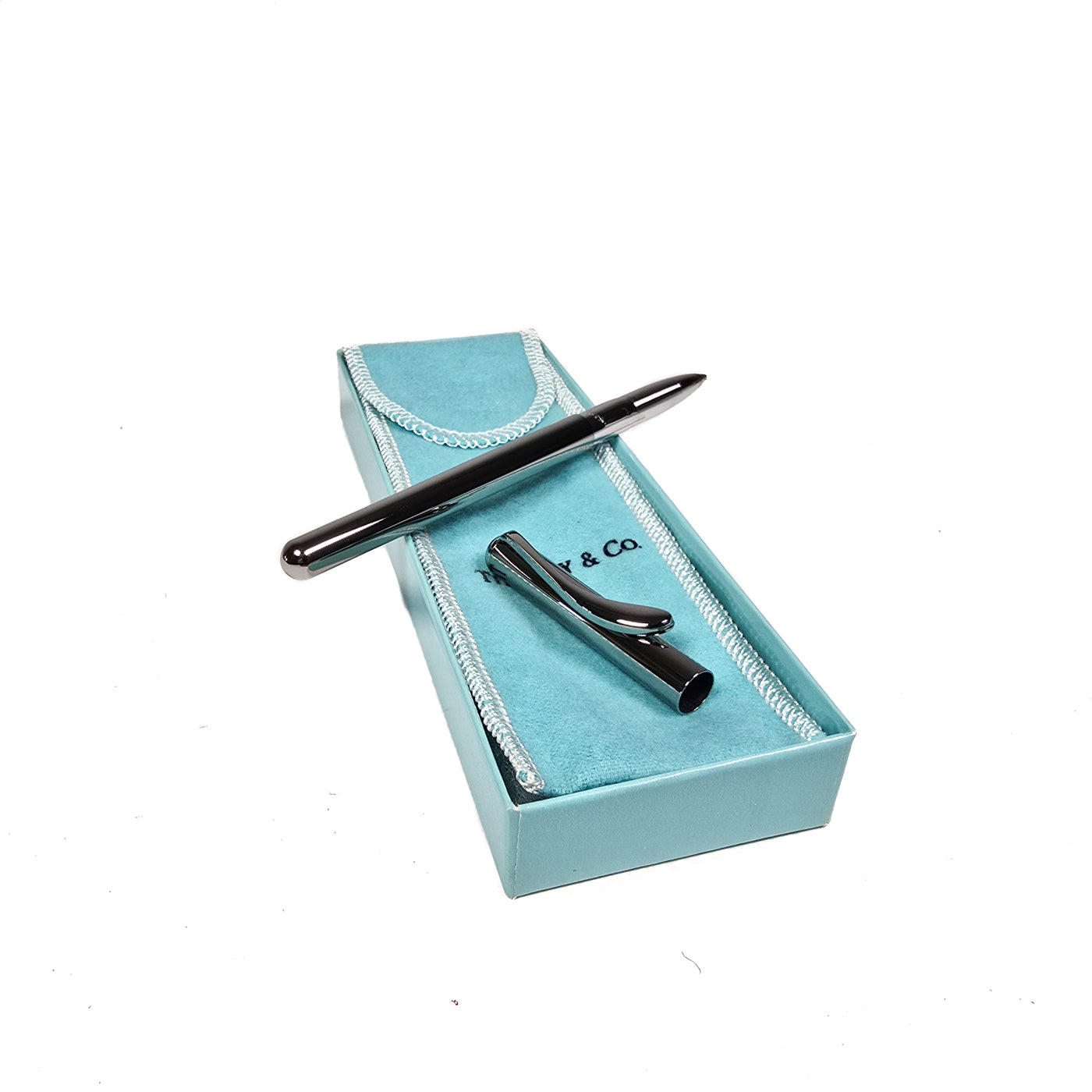 Tiffany & Co. Elsa Peretti Sterling Silver Ballpoint Pen in a Tiffany blue box.