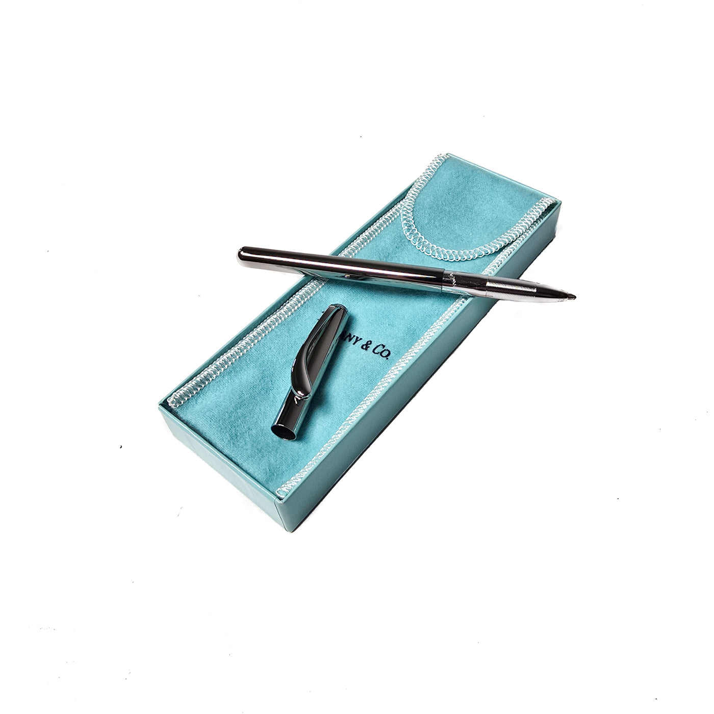 Tiffany & Co. Elsa Peretti Sterling Silver Ballpoint Pen in a Tiffany blue box.