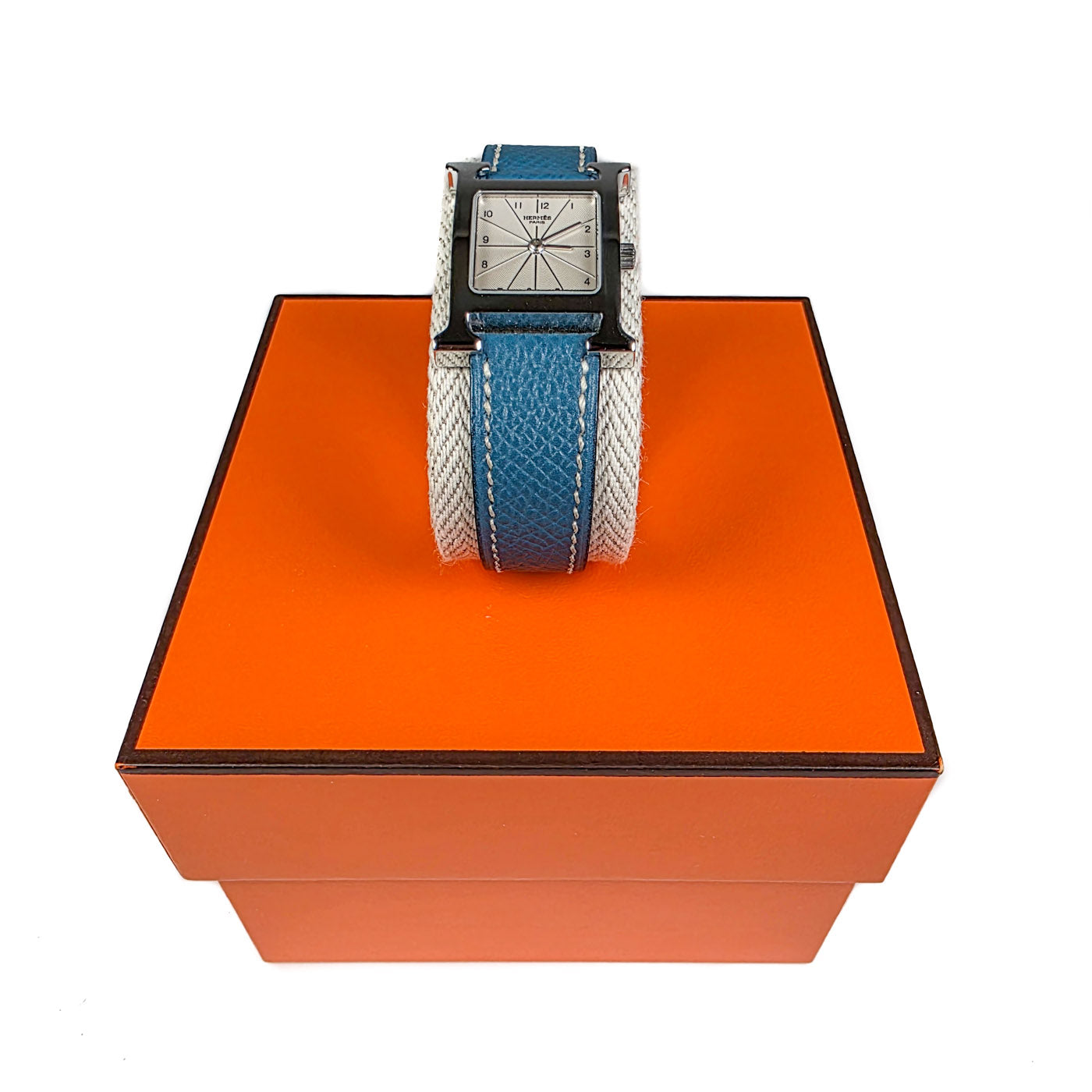 Hermès Heure H horloge, medium blauwe band | Complete set