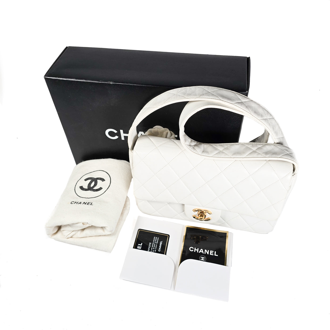 Chanel Vintage White Lambskin Leather Strap Small Classic Flap Bag