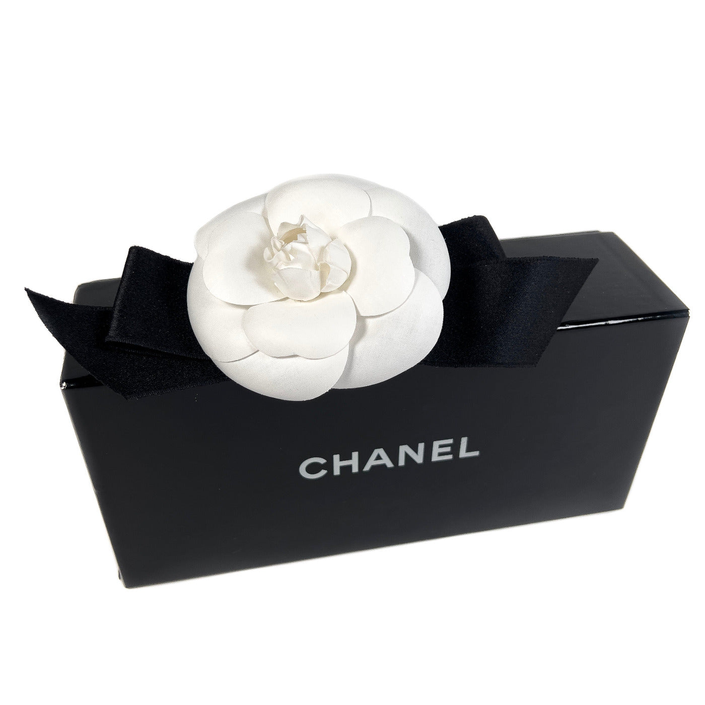 Vintage Chanel Brooch White Camelia on Black Ribbon