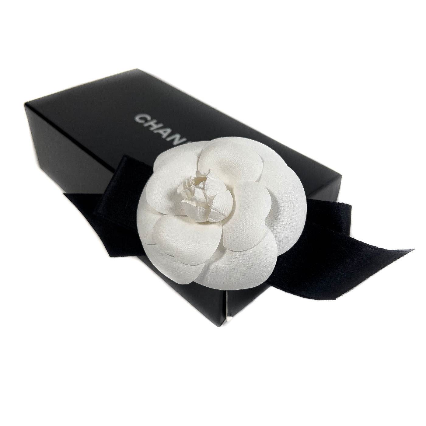 Vintage Chanel Brooch White Camelia on Black Ribbon