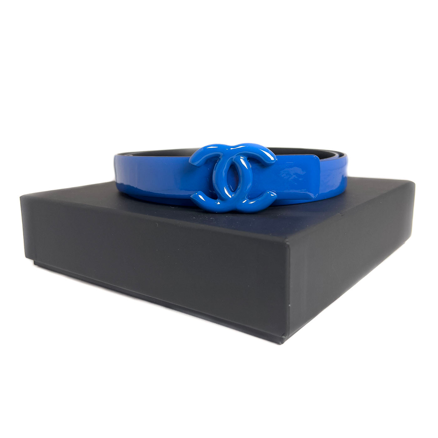 Chanel CC Logo Blue Patent Leather Belt B15P Size 80