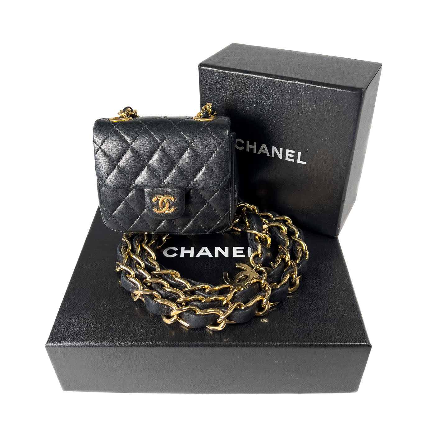 Vintage Chanel Classic Micro Charm Flap Bag met CC-kettingriem