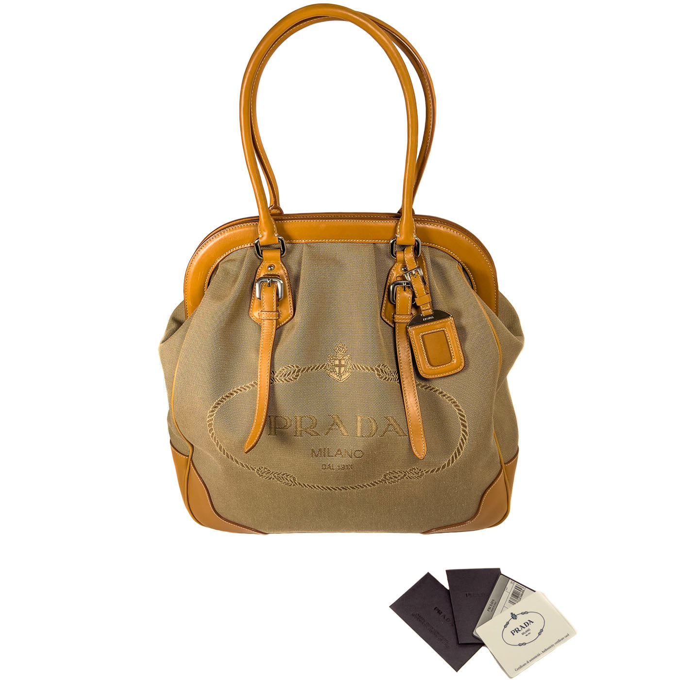 Prada Logo Jacquard Canvas Shopping Tote Bag in Corda Cuoio