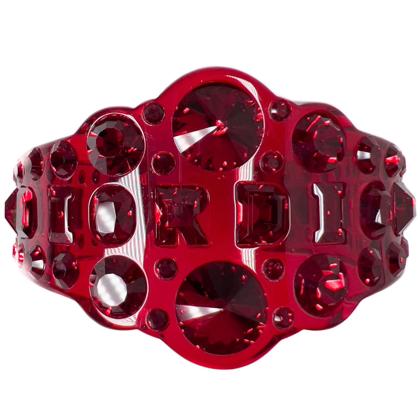 A pre-owned Dior Red Resin Crystal Cuff Bracelet, designed by John Galliano, featuring translucent resin and bright crystals in a deep ruby red.