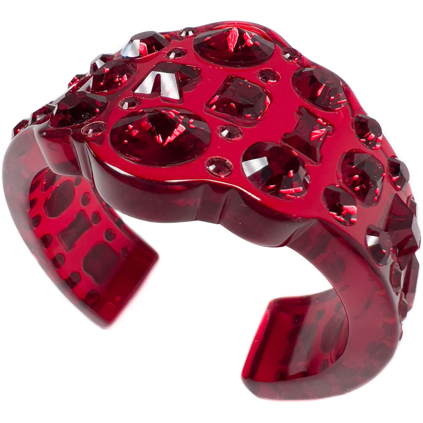 A pre-owned Dior Red Resin Crystal Cuff Bracelet, designed by John Galliano, featuring translucent resin and bright crystals in a deep ruby red.
