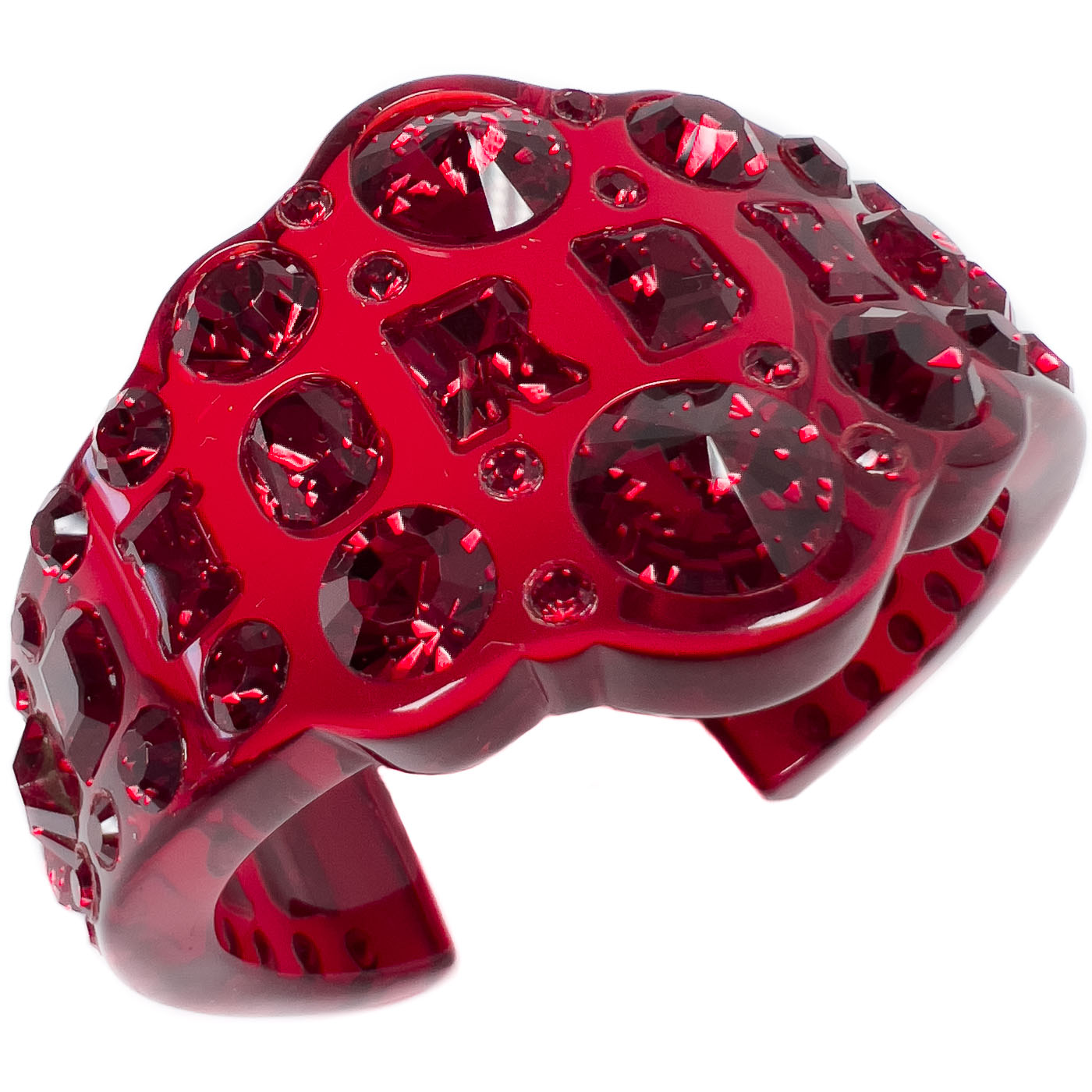 A pre-owned Dior Red Resin Crystal Cuff Bracelet, designed by John Galliano, featuring translucent resin and bright crystals in a deep ruby red.