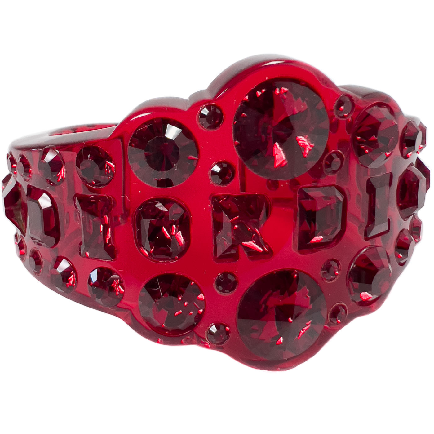 A pre-owned Dior Red Resin Crystal Cuff Bracelet, designed by John Galliano, featuring translucent resin and bright crystals in a deep ruby red.