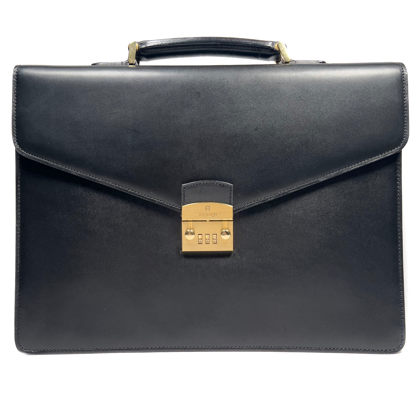 Pre-owned Aigner black leather business briefcase with a combination lock gold-tone hardware.