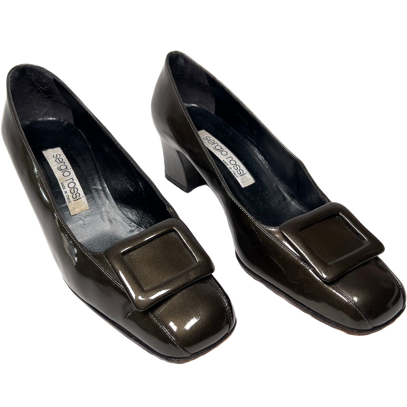 Vintage Sergio Rossi Pumps Olive Metallic Green Patent Leather EU 40 / US 9,5