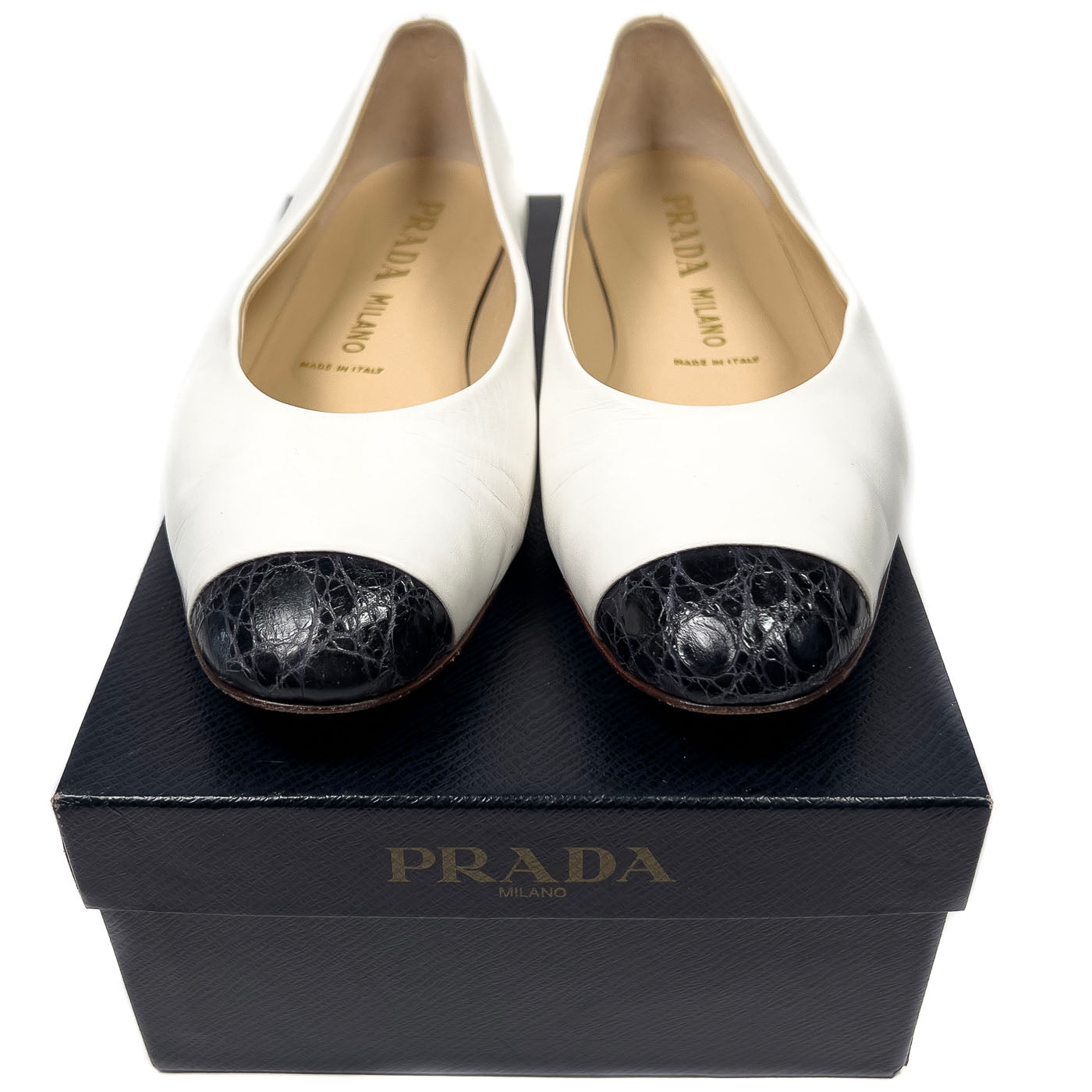 Vintage Prada White Leather Black Croco Cap Toe Ballerina Shoes EU 40 / US 9,5