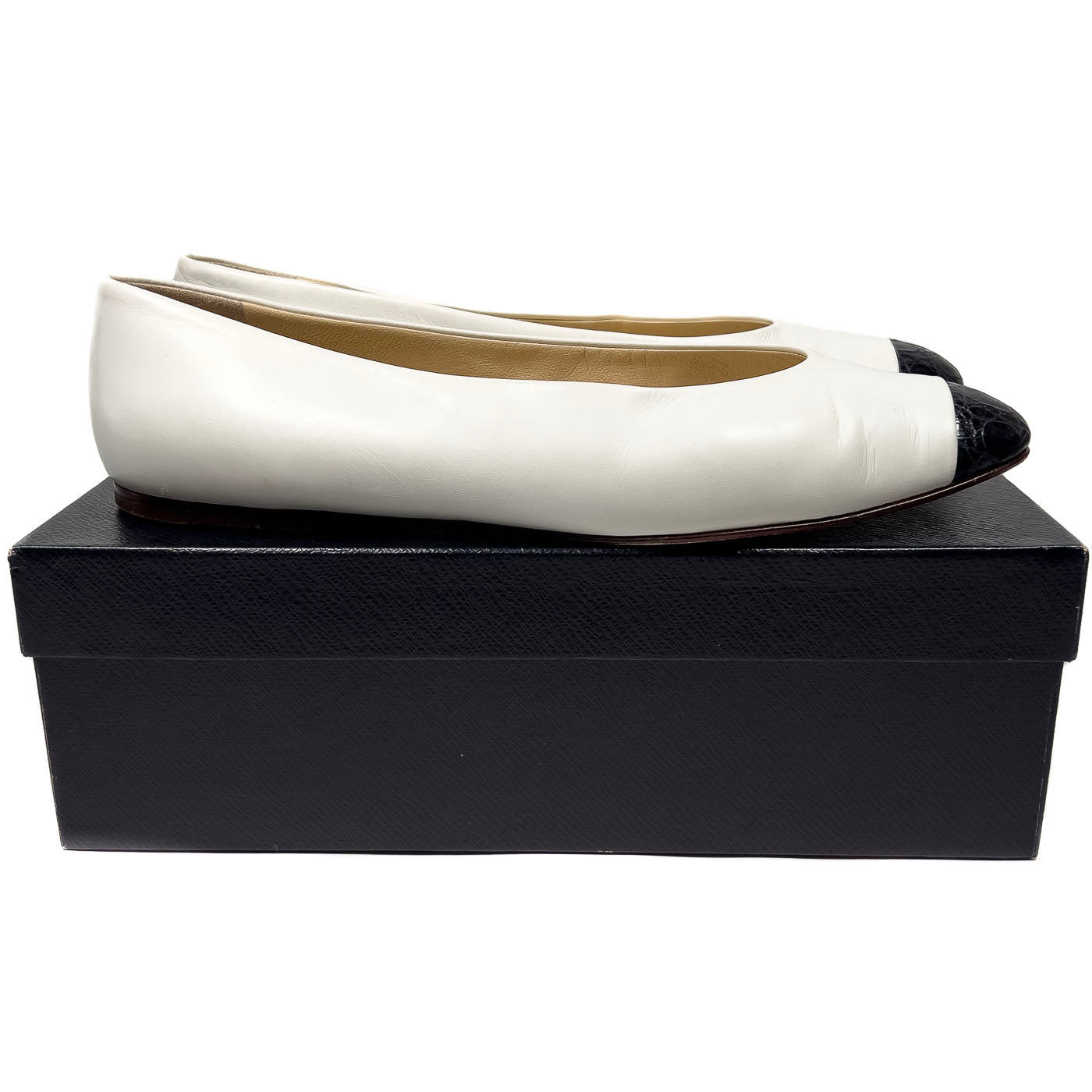 Vintage Prada White Leather Black Croco Cap Toe Ballerina Shoes EU 40 / US 9,5