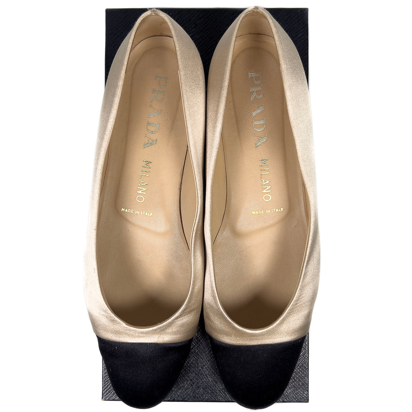 Vintage Prada Black Cap Toe Ballerina Flats Champagne Velvet EU 40 / US 9,5