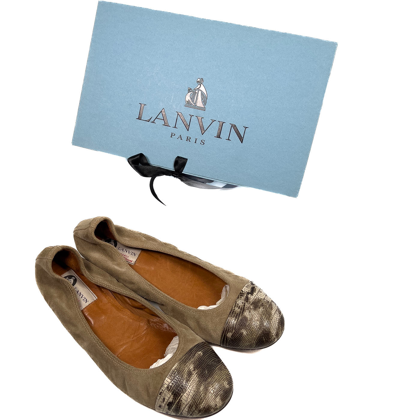 A pair of vintage Lanvin ballerina flats with an exotic leather cap toe. The shoes are primarily a neutral color with a snake print on the toe area, and are displayed against a white background.