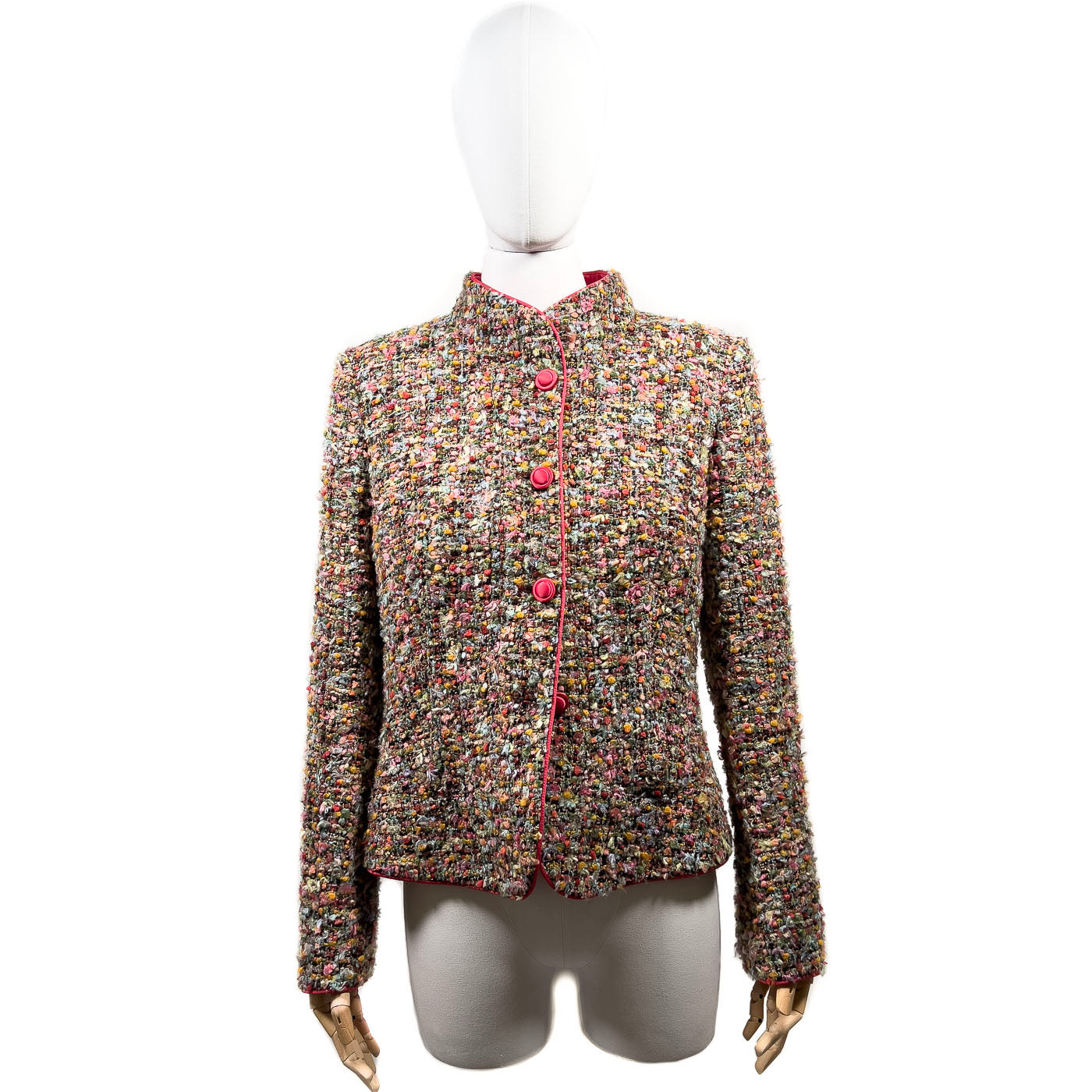 Vintage Armani tweed jacket in multicolor with a pink silk lining, displayed on a mannequin.