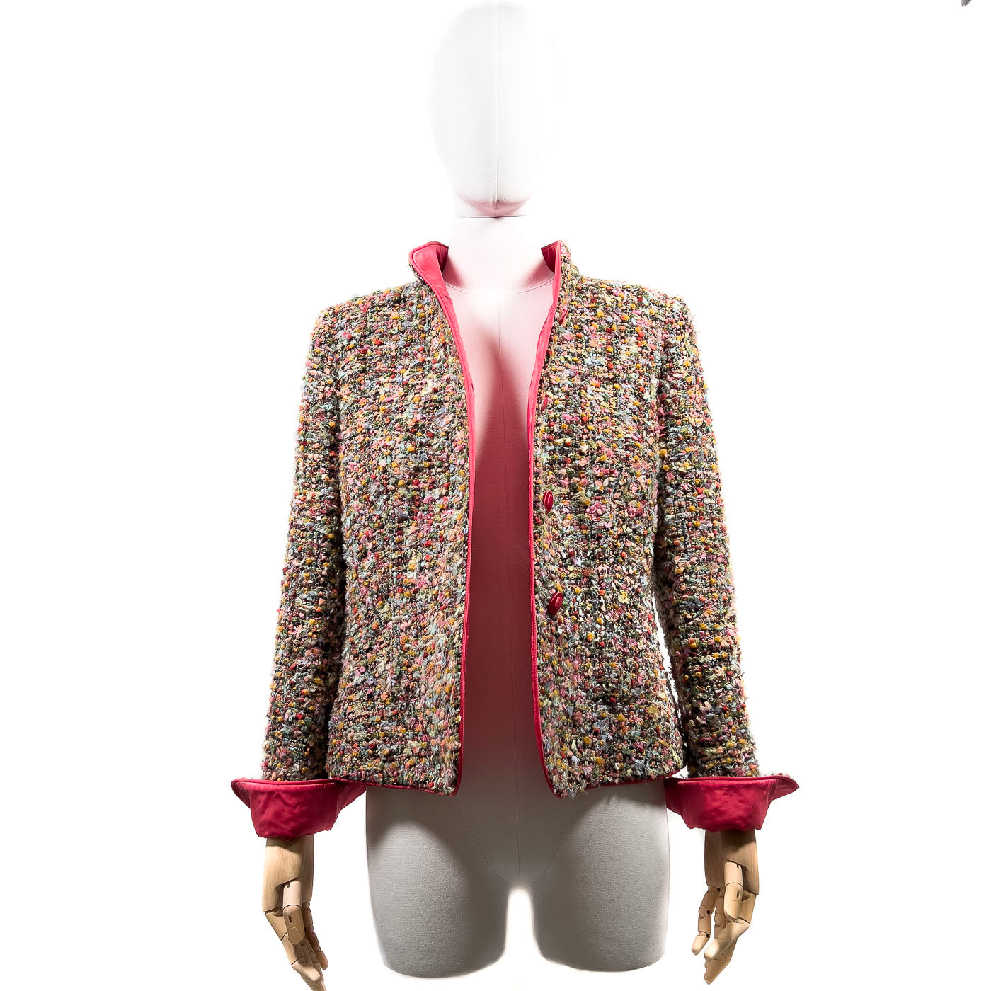Vintage Armani tweed jacket in multicolor with a pink silk lining, displayed on a mannequin.