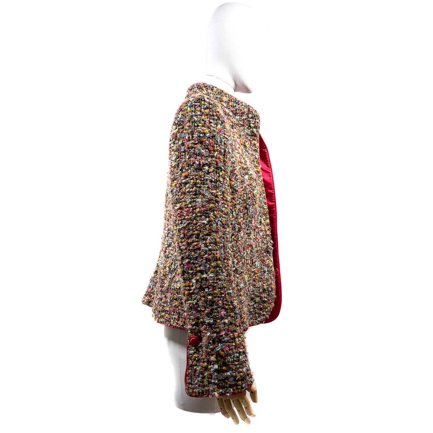Vintage Armani tweed jacket in multicolor with a pink silk lining, displayed on a mannequin.
