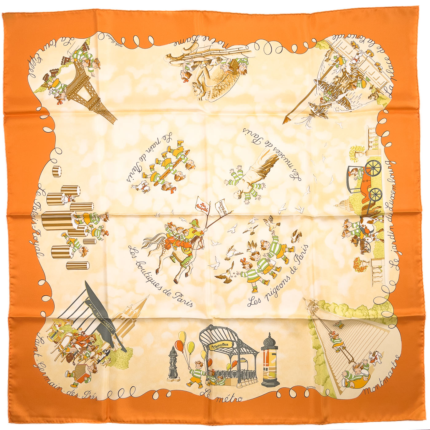 Vintage 'Les Triplés' by Nicole Lambert Hermès Carré 90 Scarf in Orange