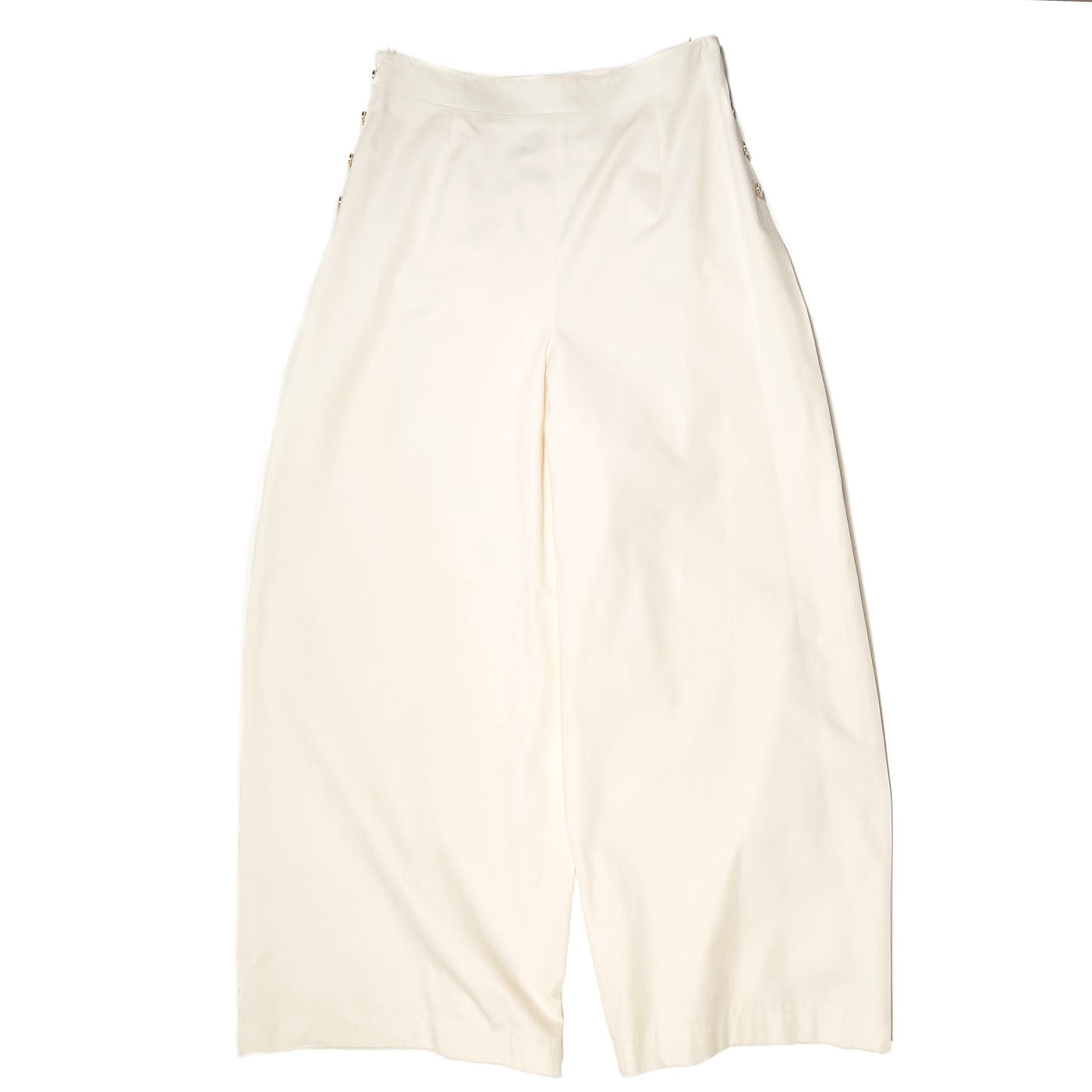 A pair of vintage Chanel Boutique ivory white trousers with button accents, displayed on a plain background.