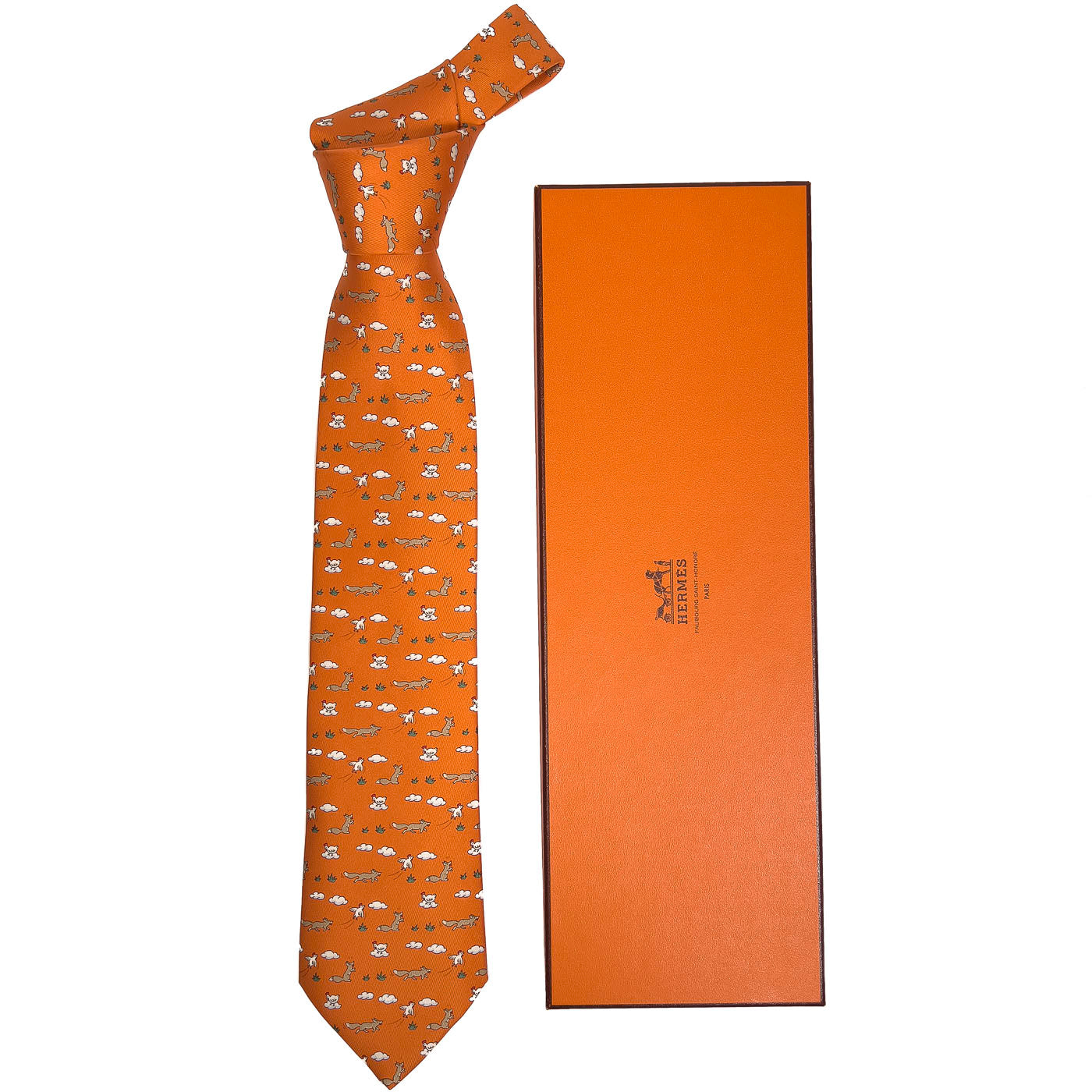 Vintage Hermès Silk Tie Orange Fox Hunting Chickens