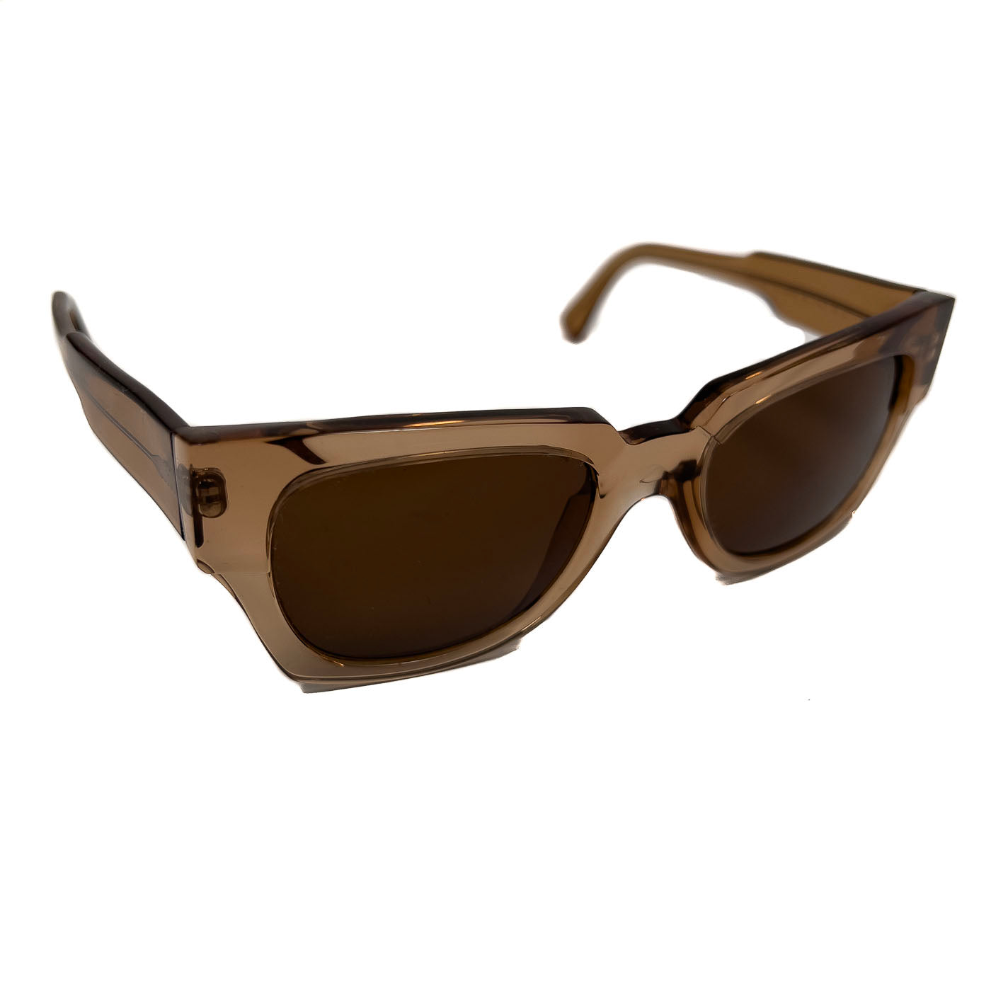 A pair of pre-owned Marni translucent brown acetate sunglasses with a distinctive shape, excellent lenses, and minimal signs of wear.