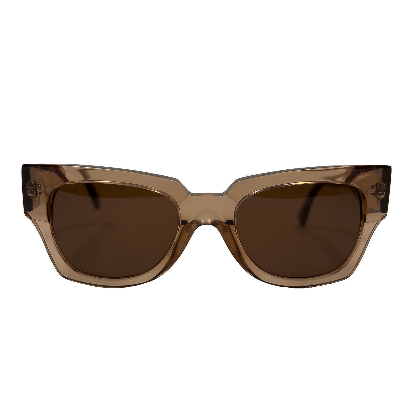 A pair of pre-owned Marni translucent brown acetate sunglasses with a distinctive shape, excellent lenses, and minimal signs of wear.